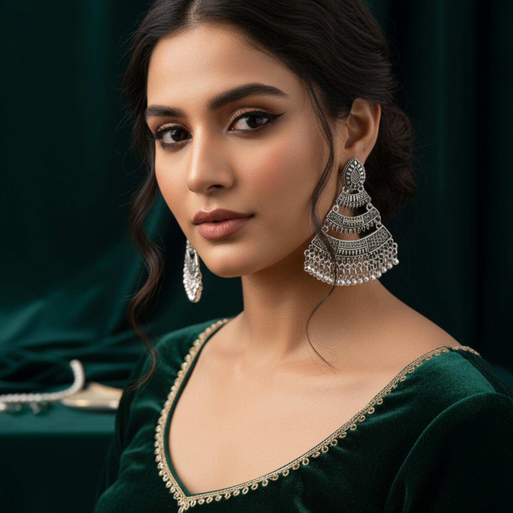 Myrithra Oxidised Silver‑Tone Chandelier Earrings for Women | Festive Dangle with Bead Fringe - Myrithra