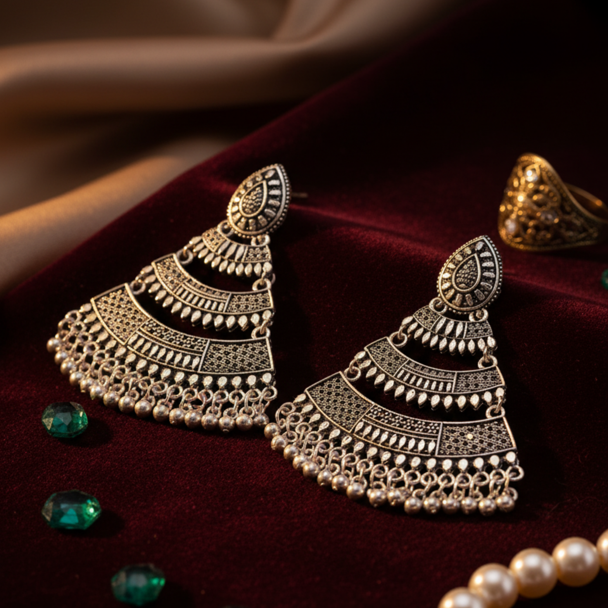 Myrithra Oxidised Silver‑Tone Chandelier Earrings for Women | Festive Dangle with Bead Fringe - Myrithra