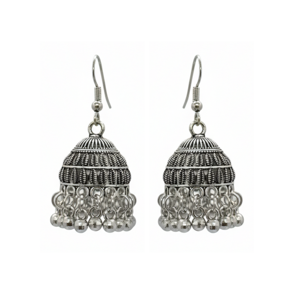 Myrithra Oxidised Silver‑Tone Jhumka Earrings for Women | Bell‑Shaped Dangle with Ghungroo Fringe - Myrithra
