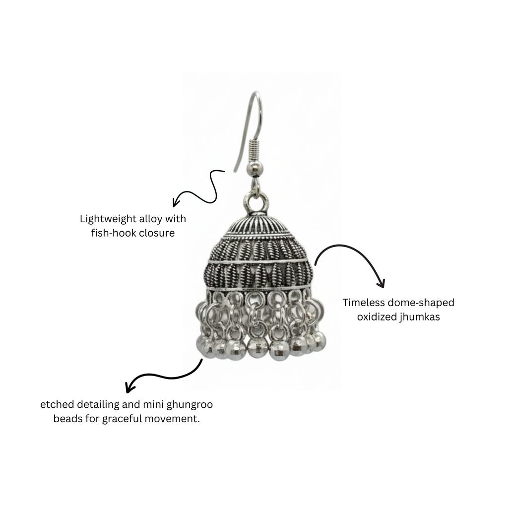 Myrithra Oxidised Silver‑Tone Jhumka Earrings for Women | Bell‑Shaped Dangle with Ghungroo Fringe - Myrithra
