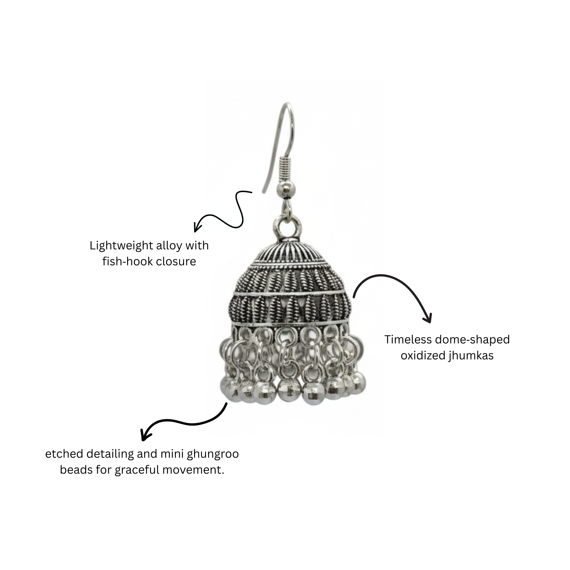 Myrithra Oxidised Silver‑Tone Jhumka Earrings for Women | Bell‑Shaped Dangle with Ghungroo Fringe - Myrithra
