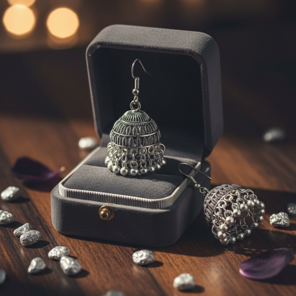 Myrithra Oxidised Silver‑Tone Jhumka Earrings for Women | Bell‑Shaped Dangle with Ghungroo Fringe - Myrithra
