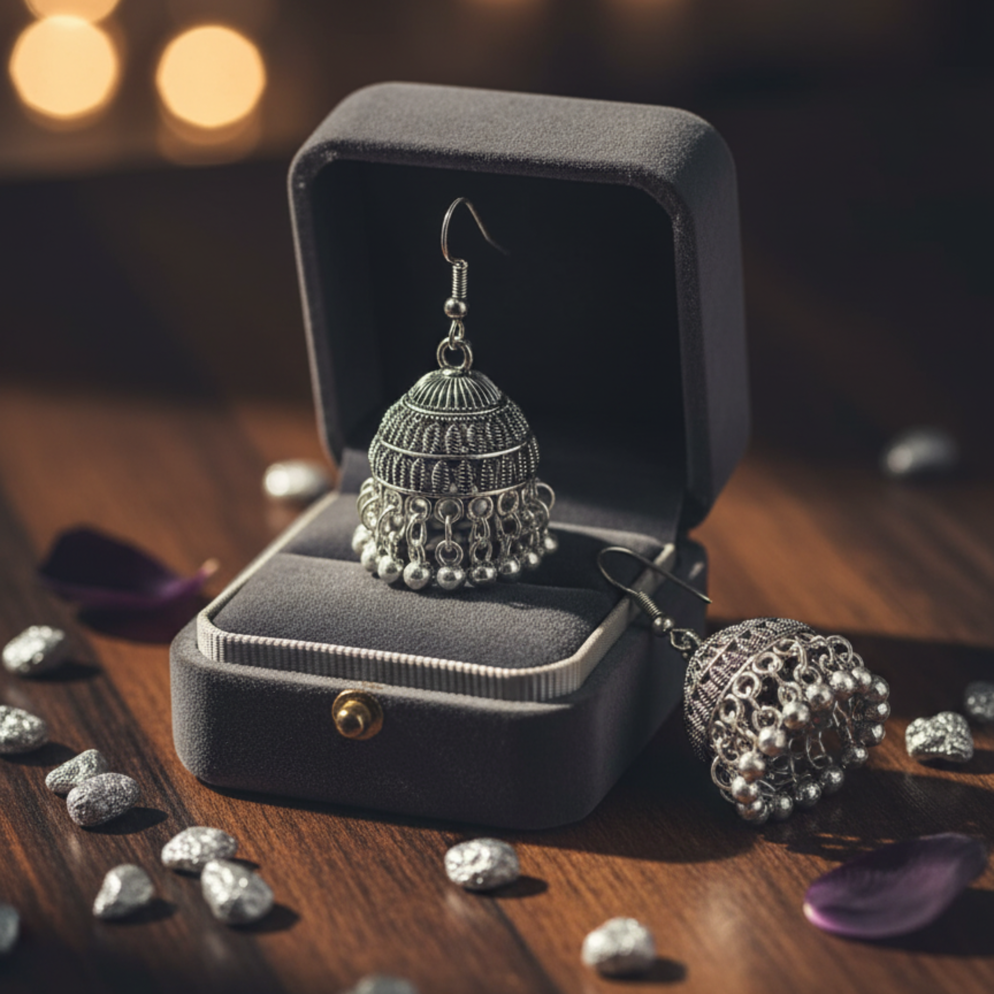 Myrithra Oxidised Silver‑Tone Jhumka Earrings for Women | Bell‑Shaped Dangle with Ghungroo Fringe - Myrithra