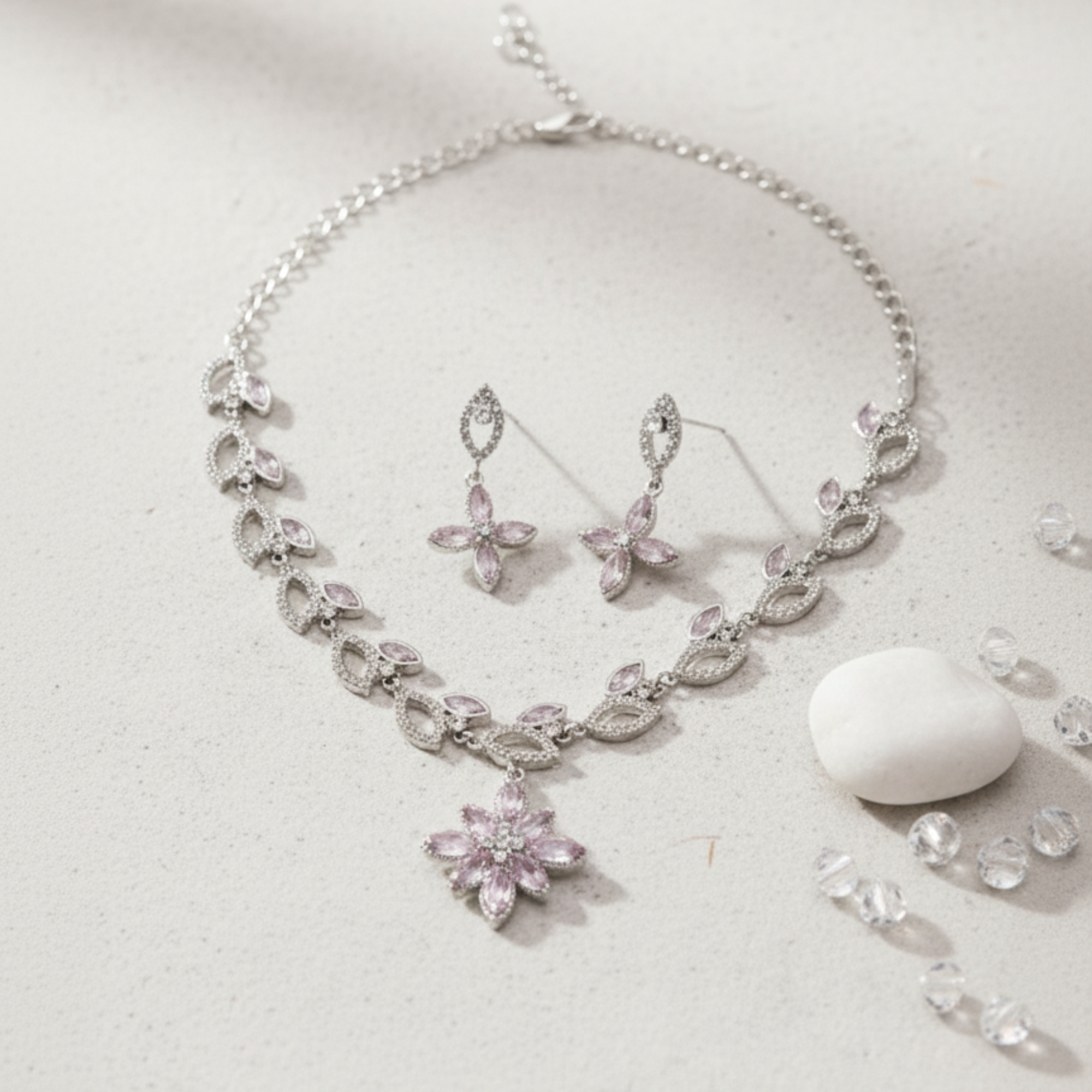 Myrithra Pastel Lilac Floral Necklace with Earrings Set | Rhodium‑Finish Occasion Jewelry - Myrithra