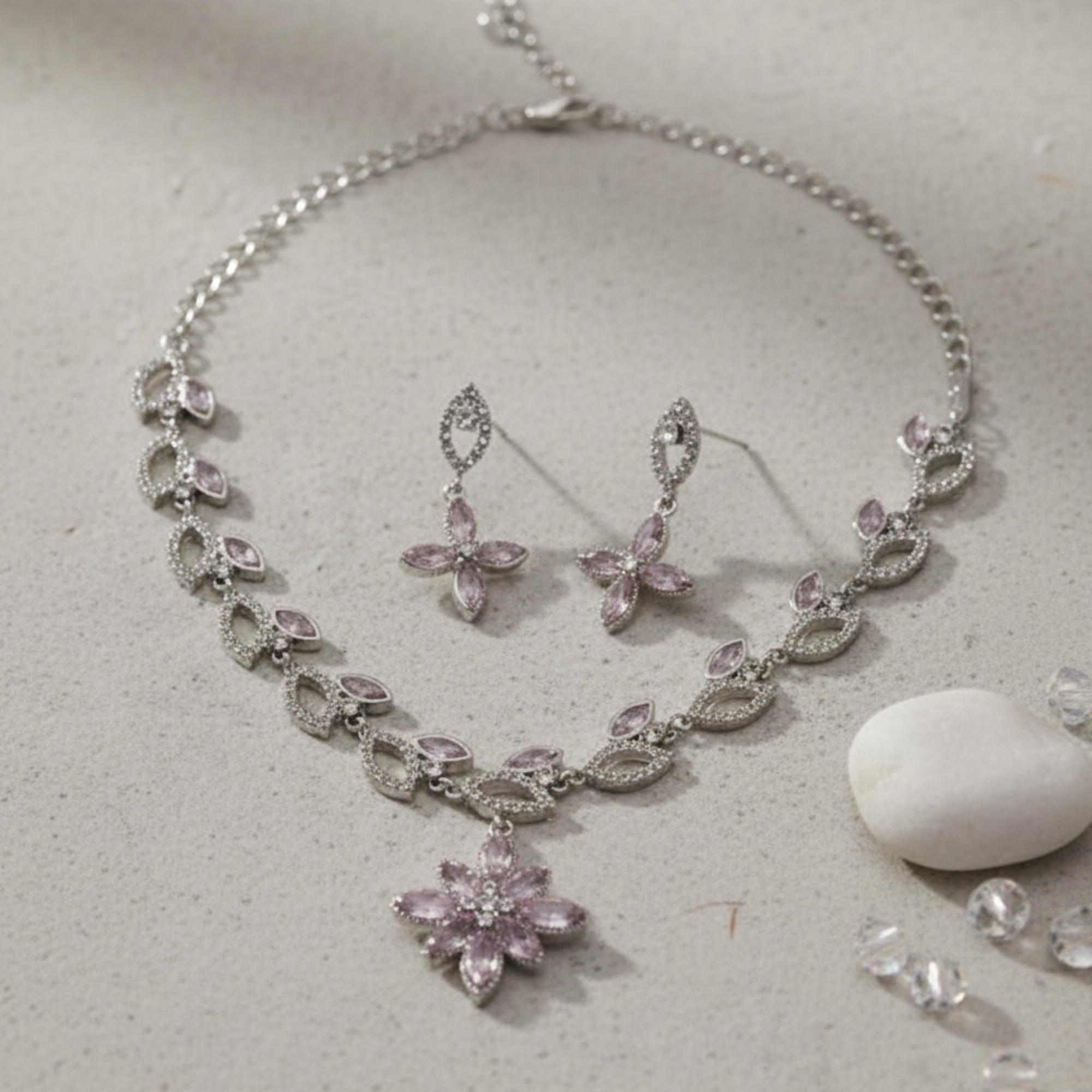 Myrithra Pastel Lilac Floral Necklace with Earrings Set | Rhodium‑Finish Occasion Jewelry - Myrithra