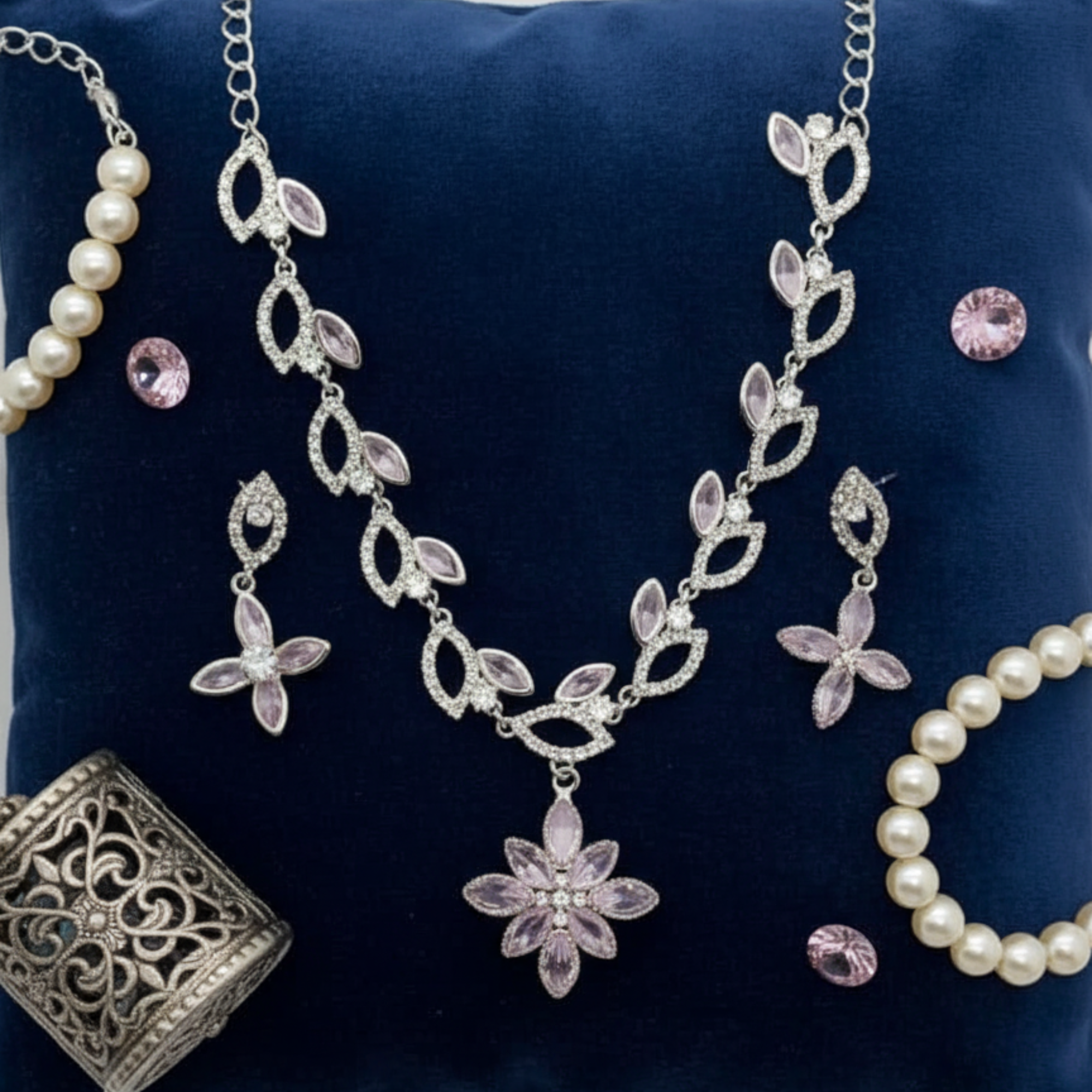 Myrithra Pastel Lilac Floral Necklace with Earrings Set | Rhodium‑Finish Occasion Jewelry - Myrithra