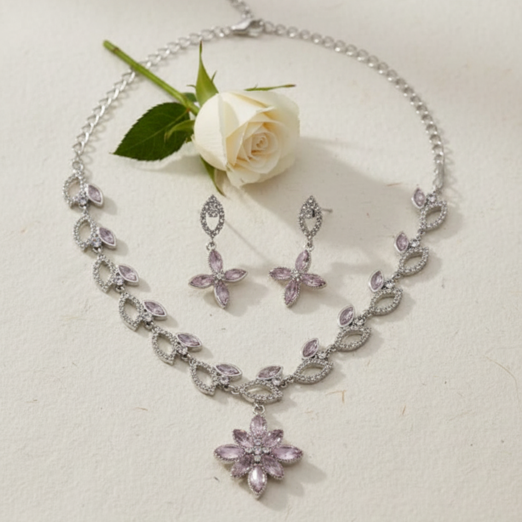 Myrithra Pastel Lilac Floral Necklace with Earrings Set | Rhodium‑Finish Occasion Jewelry - Myrithra