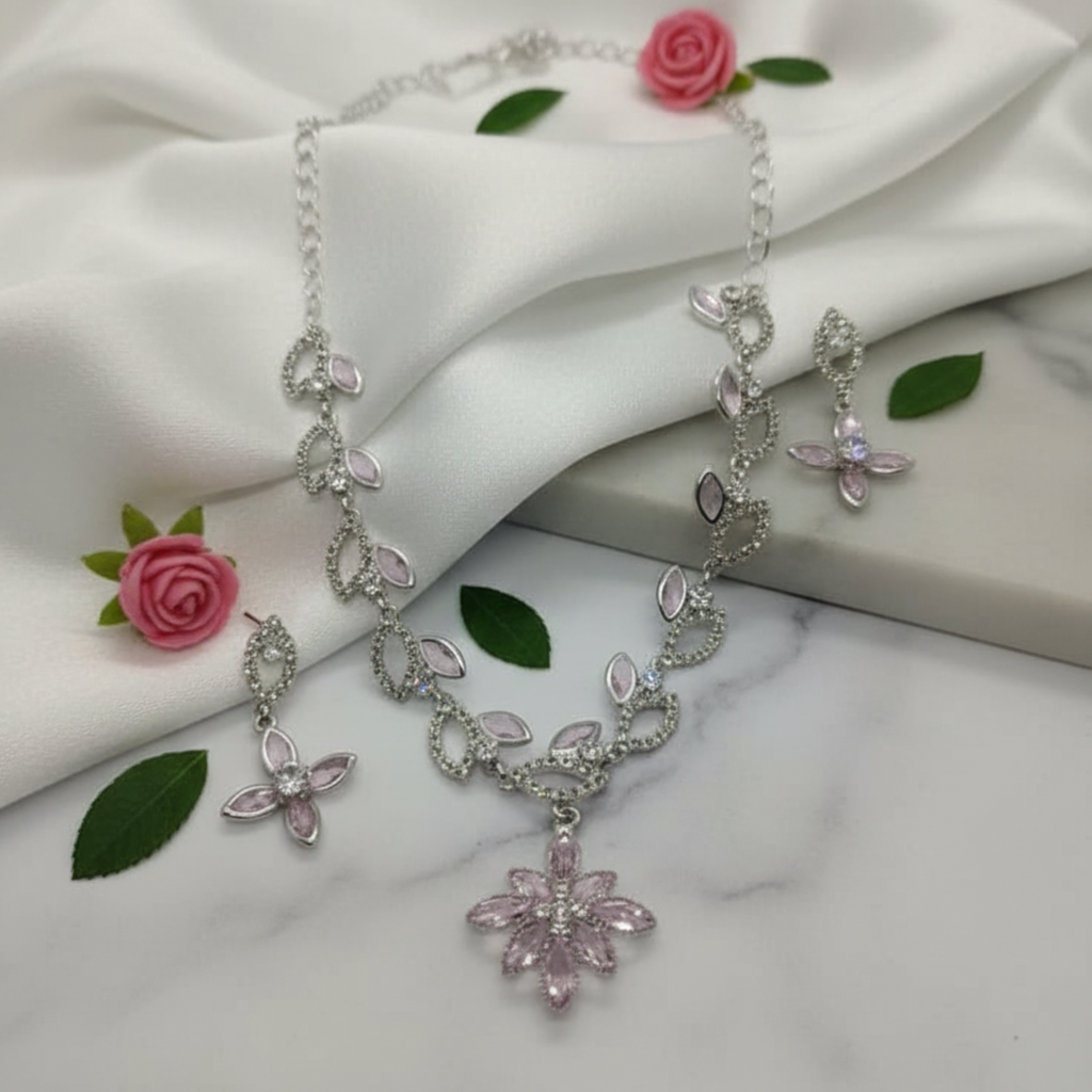 Myrithra Pastel Lilac Floral Necklace with Earrings Set | Rhodium‑Finish Occasion Jewelry - Myrithra