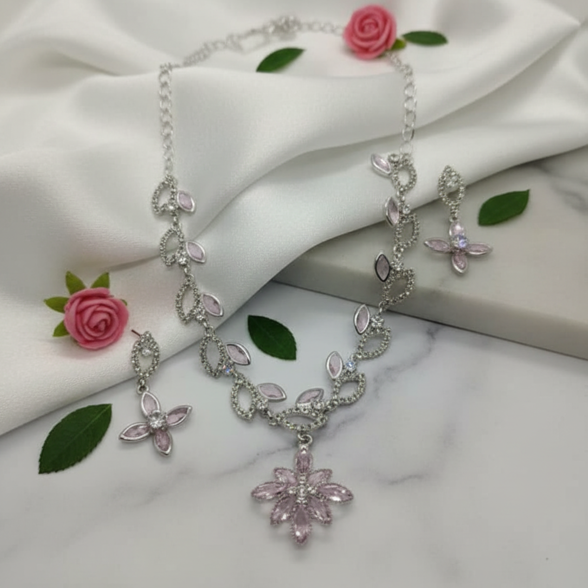 Myrithra Pastel Lilac Floral Necklace with Earrings Set | Rhodium‑Finish Occasion Jewelry - Myrithra