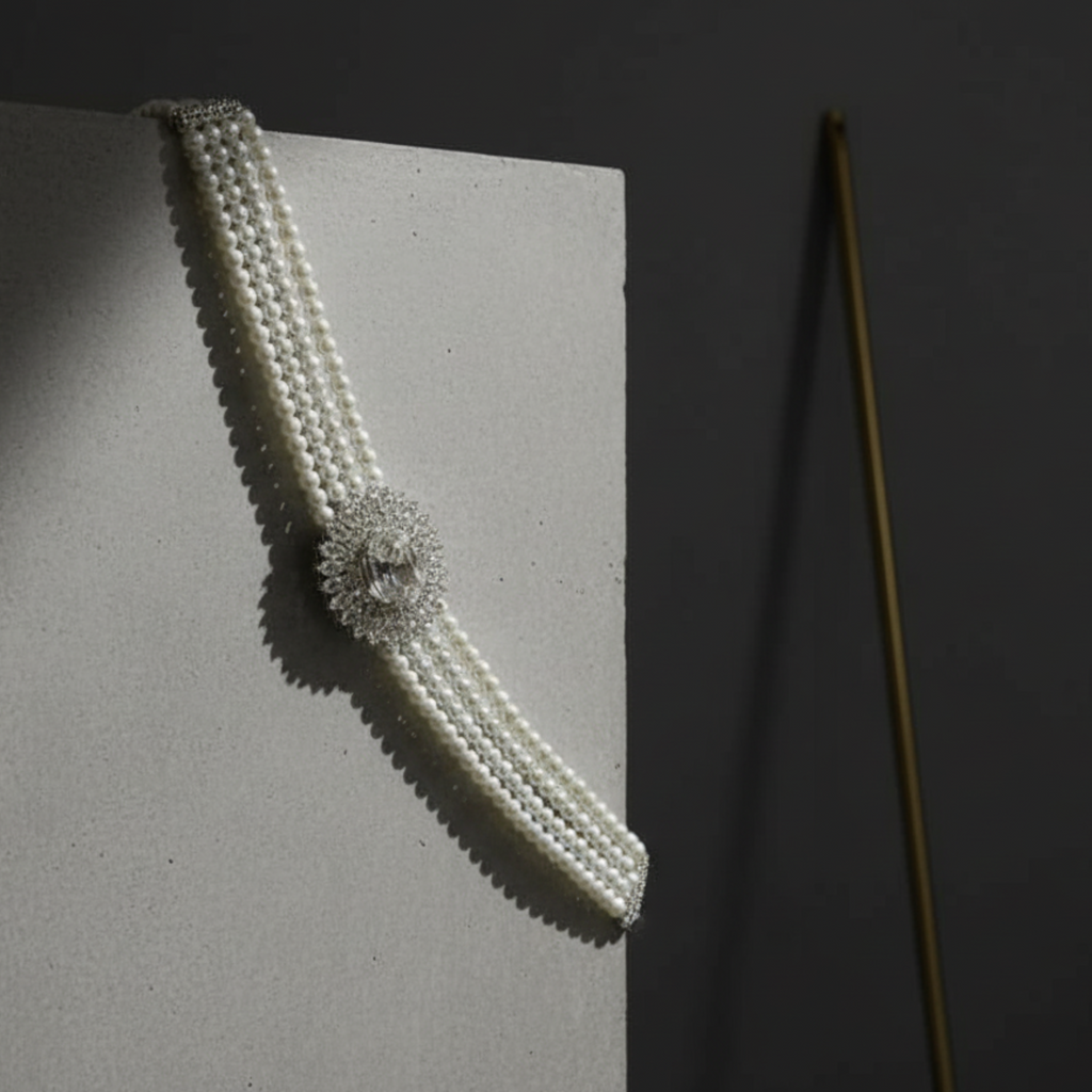 Myrithra Pearl Choker Necklace for Women | Rhodium‑Finish Crystal Centerpiece - Myrithra