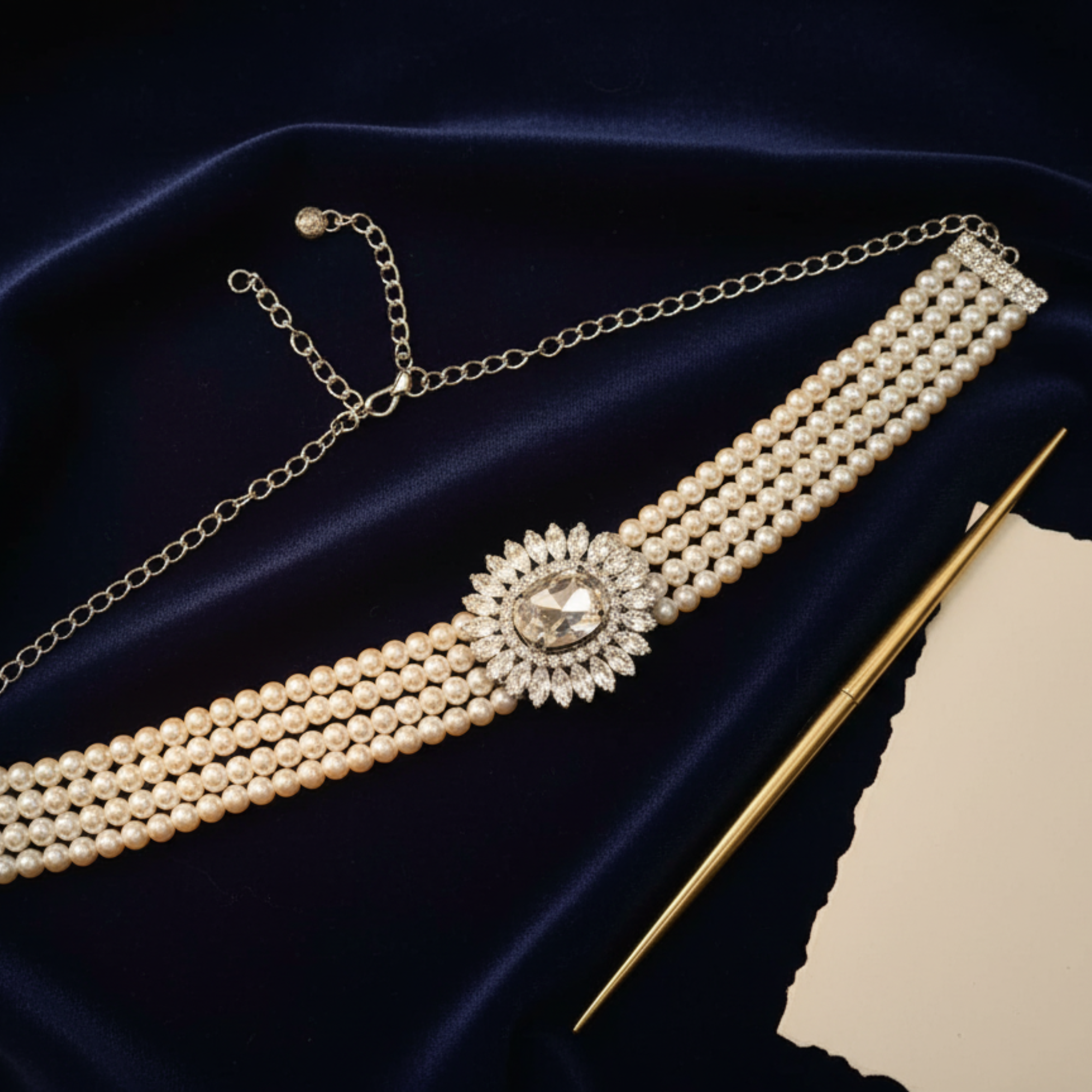 Myrithra Pearl Choker Necklace for Women | Rhodium‑Finish Crystal Centerpiece - Myrithra