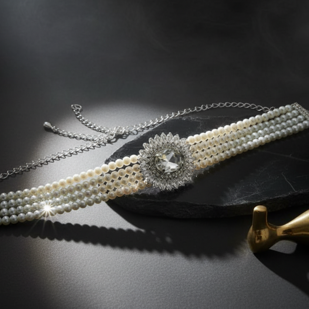 Myrithra Pearl Choker Necklace for Women | Rhodium‑Finish Crystal Centerpiece - Myrithra