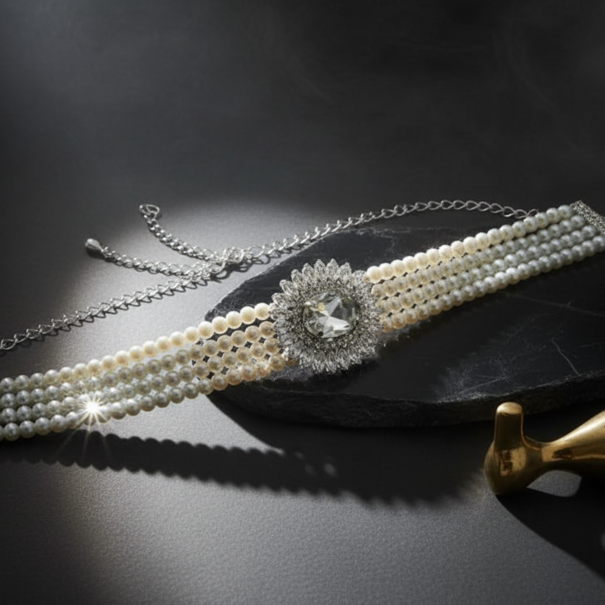 Myrithra Pearl Choker Necklace for Women | Rhodium‑Finish Crystal Centerpiece - Myrithra