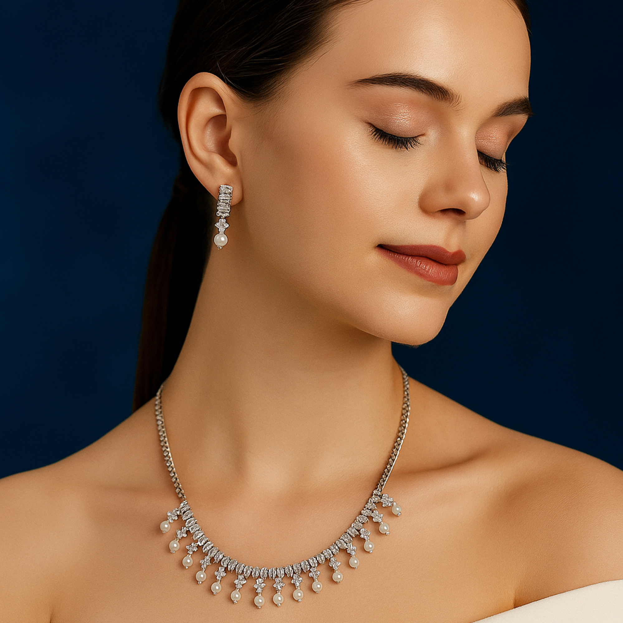 Myrithra Pearl & Crystal Necklace with Earrings Set | Rhodium‑Finish Bridal Party Jewelry - Myrithra