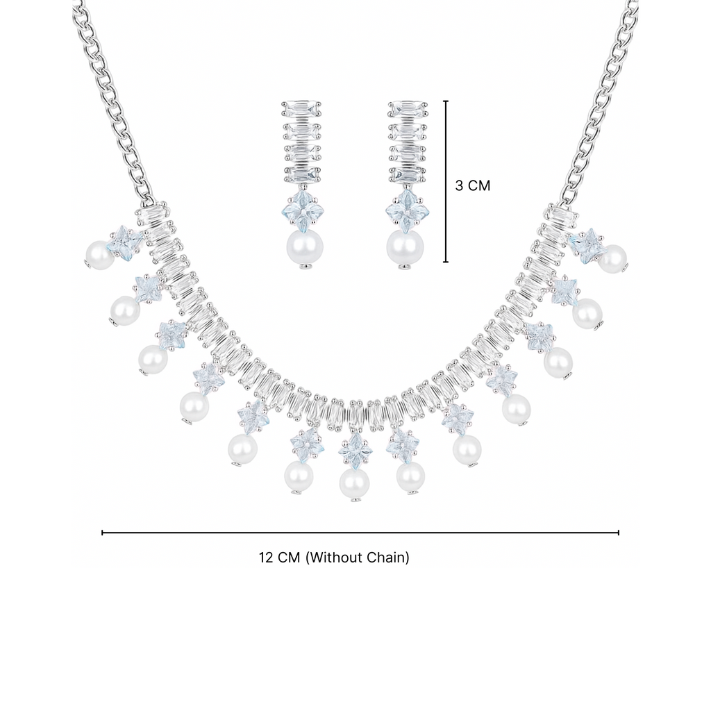 Myrithra Pearl & Crystal Necklace with Earrings Set | Rhodium‑Finish Bridal Party Jewelry - Myrithra