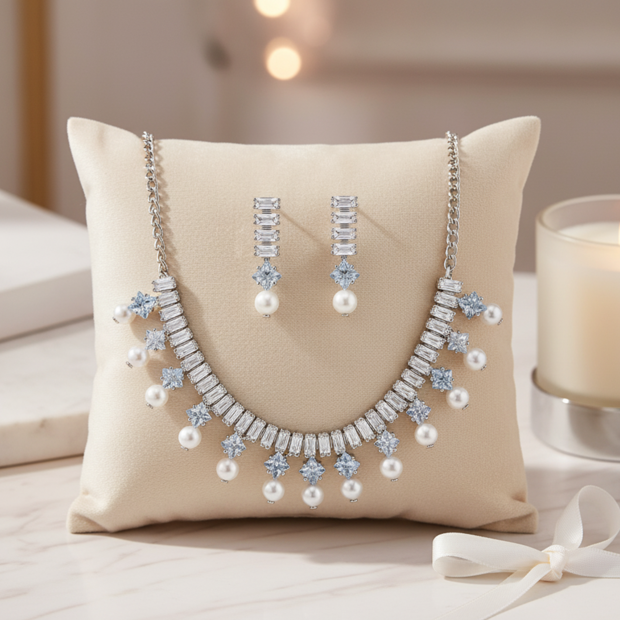 Myrithra Pearl & Crystal Necklace with Earrings Set | Rhodium‑Finish Bridal Party Jewelry - Myrithra