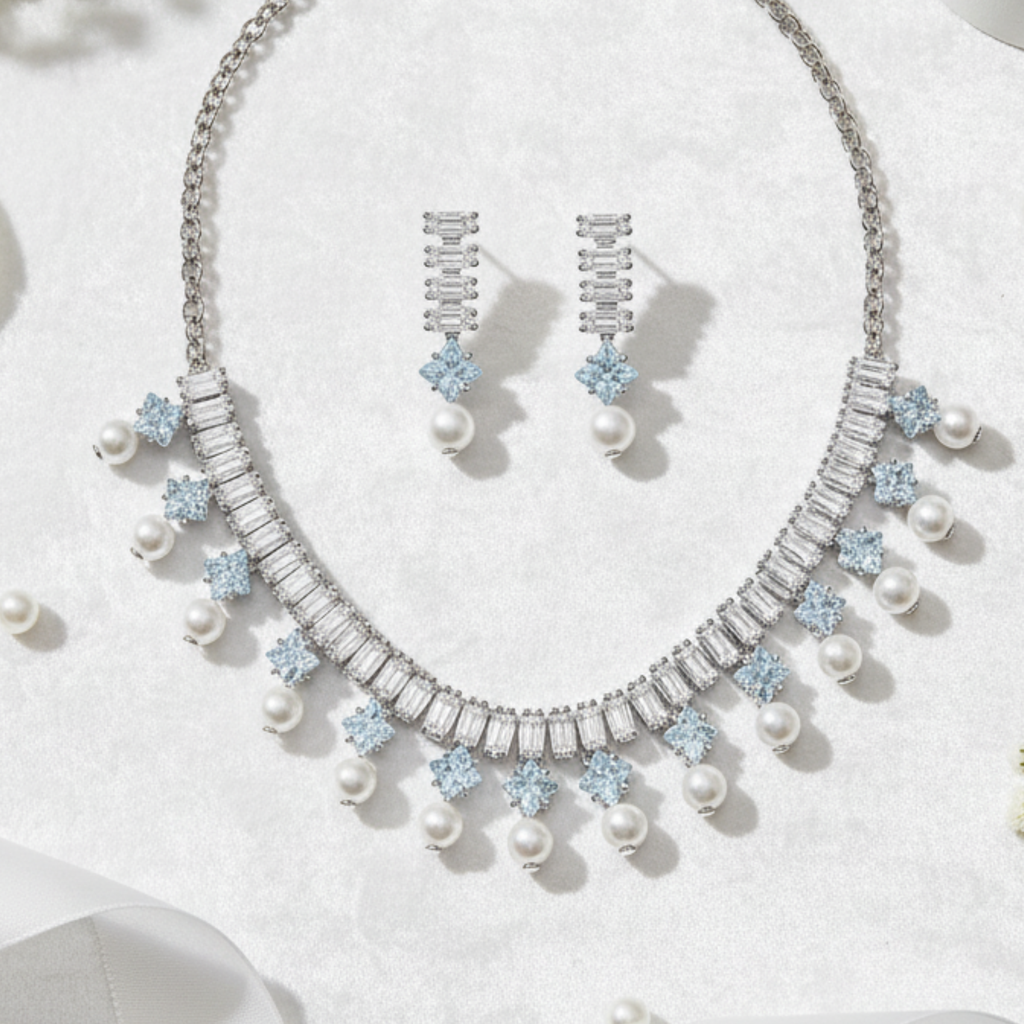 Myrithra Pearl & Crystal Necklace with Earrings Set | Rhodium‑Finish Bridal Party Jewelry - Myrithra