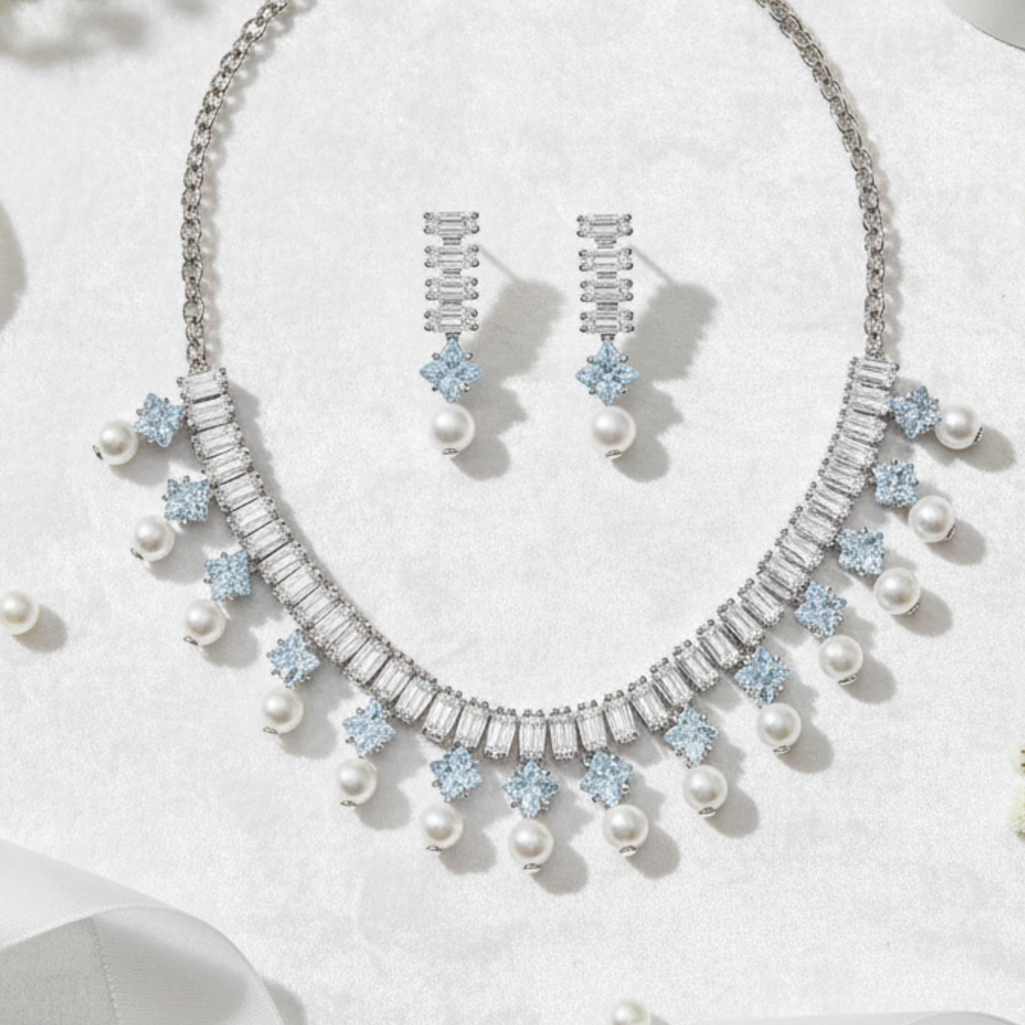 Myrithra Pearl & Crystal Necklace with Earrings Set | Rhodium‑Finish Bridal Party Jewelry - Myrithra