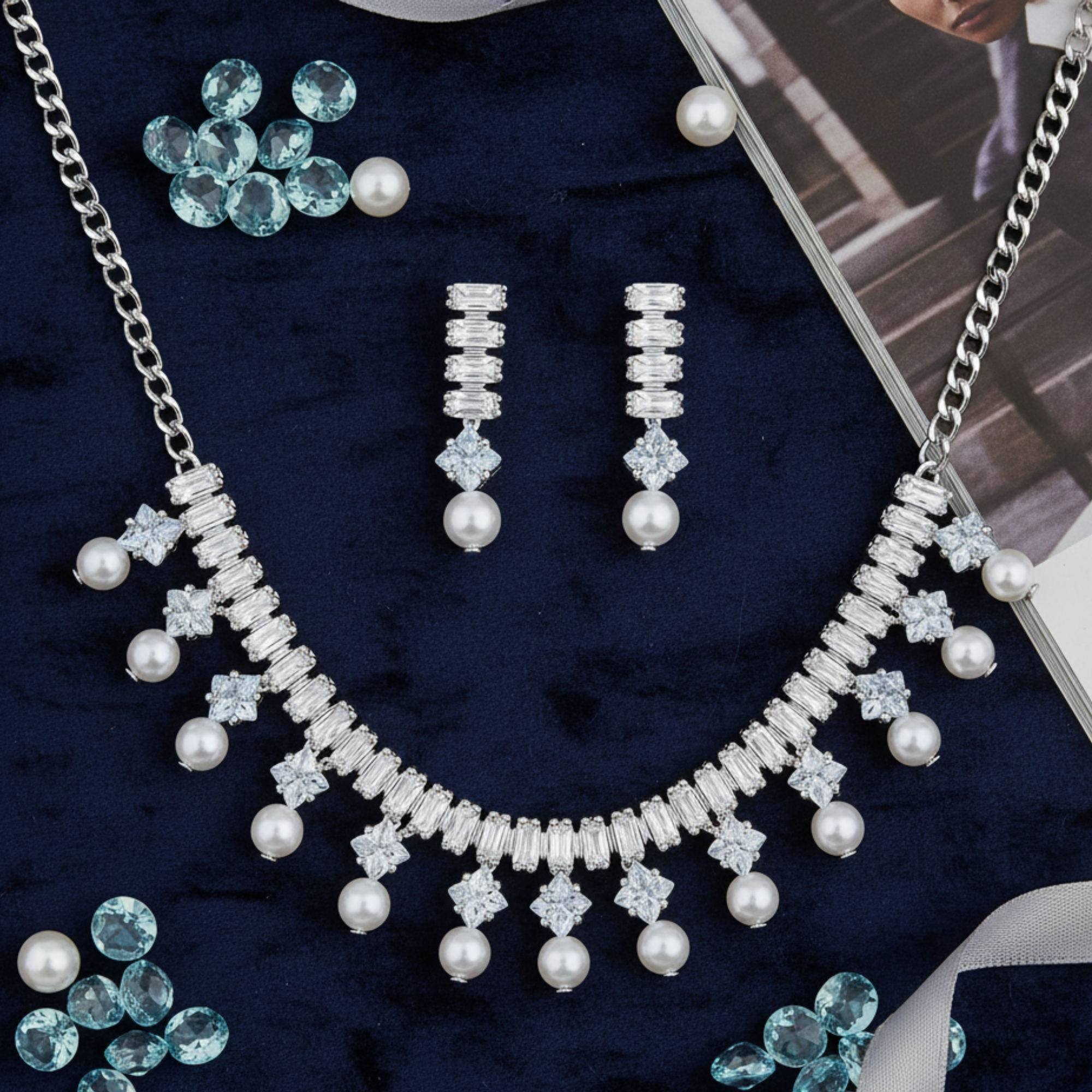 Myrithra Pearl & Crystal Necklace with Earrings Set | Rhodium‑Finish Bridal Party Jewelry - Myrithra