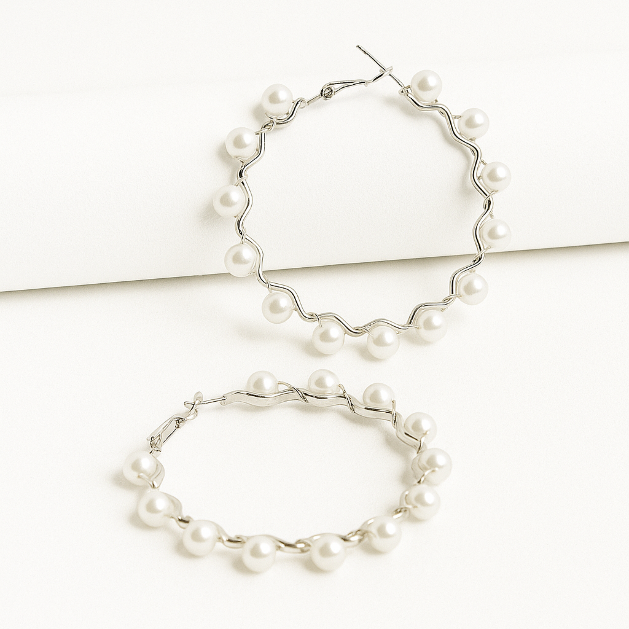 Myrithra Pearl Hoop Earrings for Women | Silver‑Tone Wavy Hoops with Beaded Pearls - Myrithra