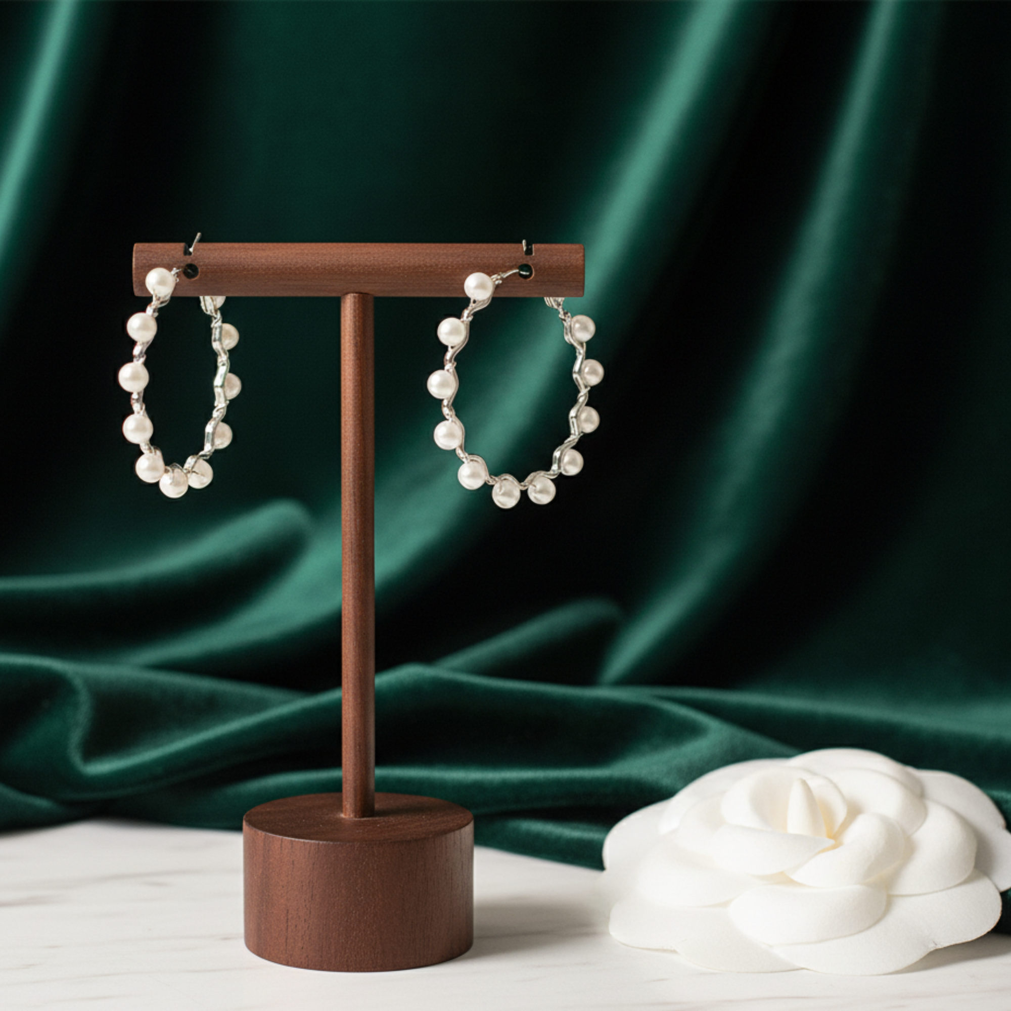 Myrithra Pearl Hoop Earrings for Women | Silver‑Tone Wavy Hoops with Beaded Pearls - Myrithra