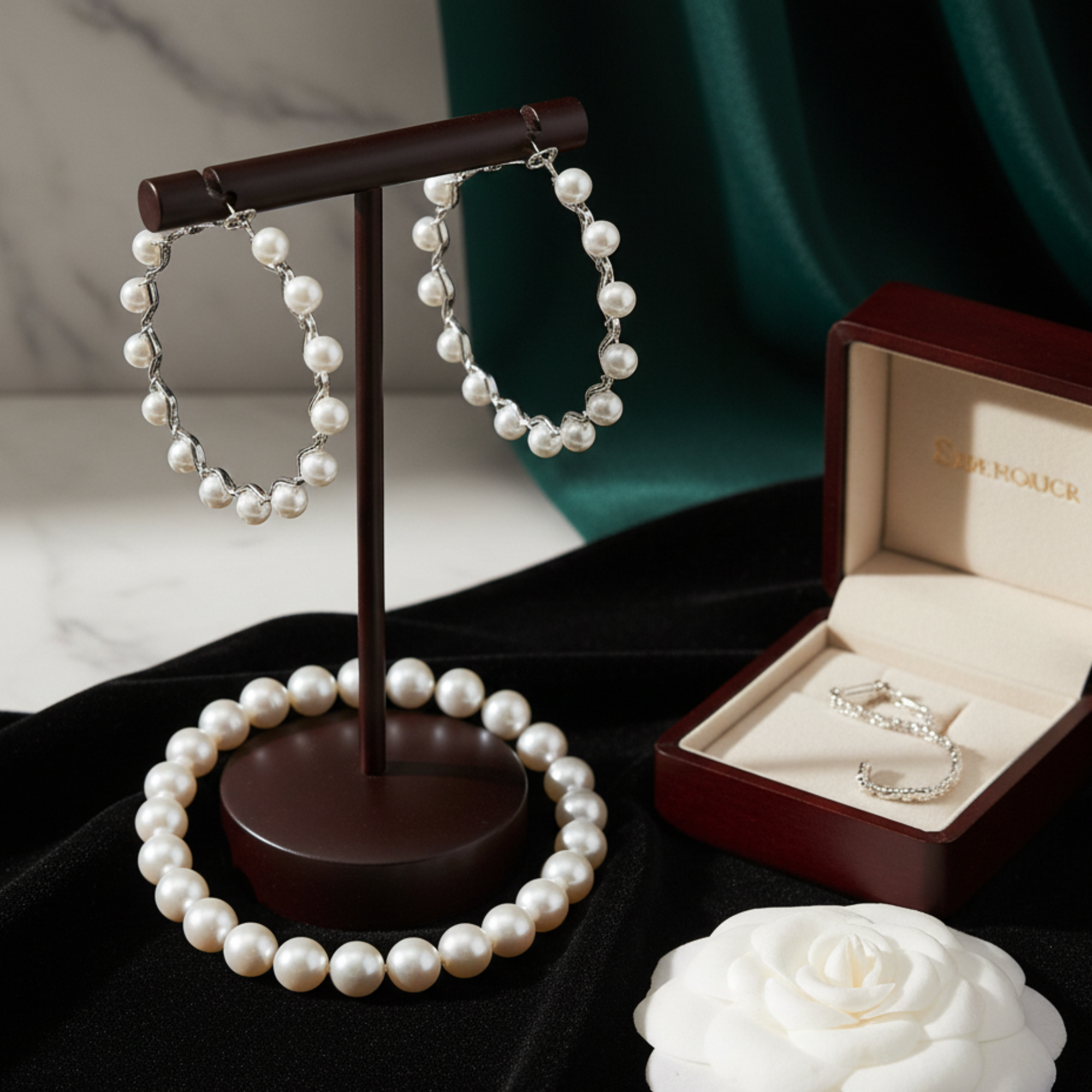 Myrithra Pearl Hoop Earrings for Women | Silver‑Tone Wavy Hoops with Beaded Pearls - Myrithra
