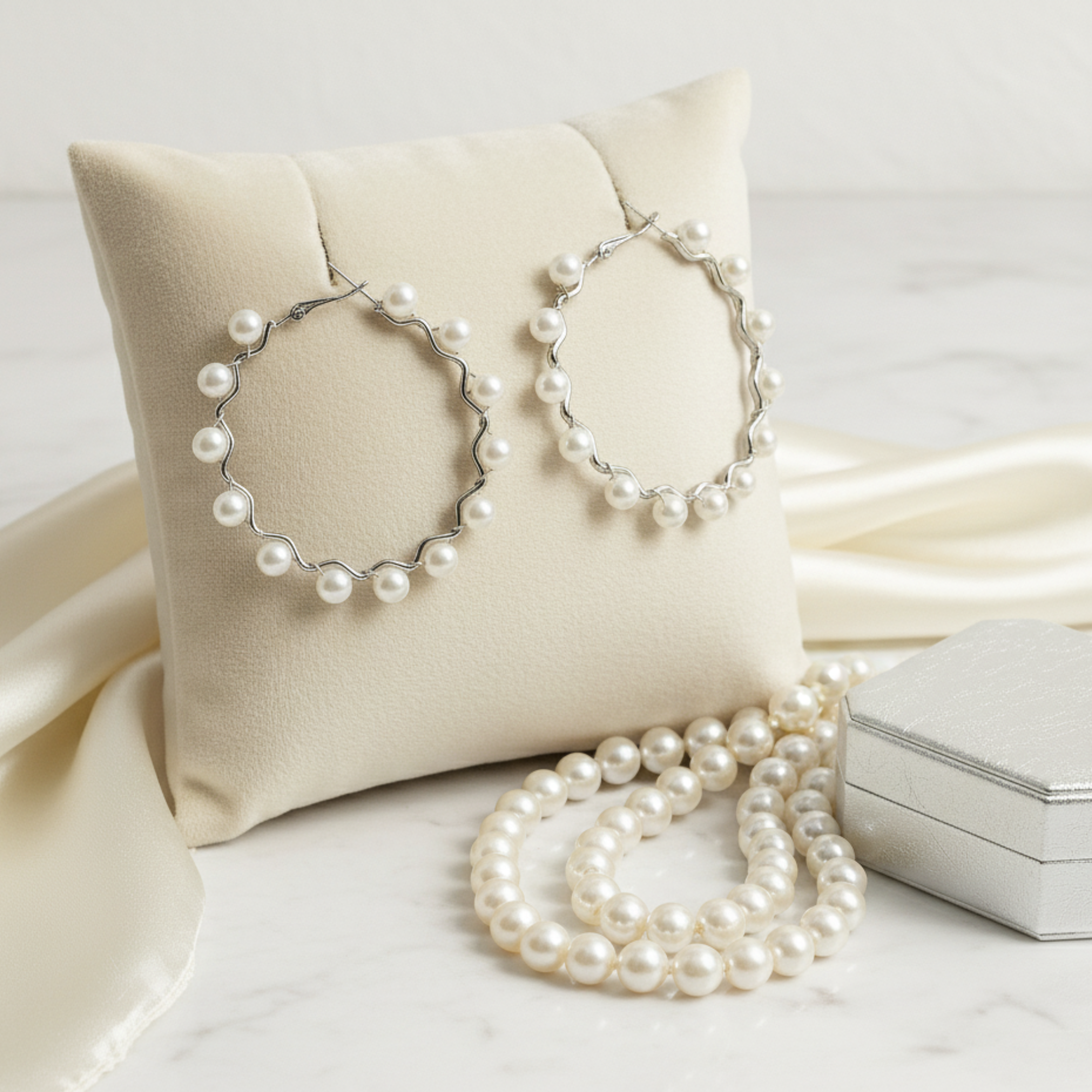 Myrithra Pearl Hoop Earrings for Women | Silver‑Tone Wavy Hoops with Beaded Pearls - Myrithra