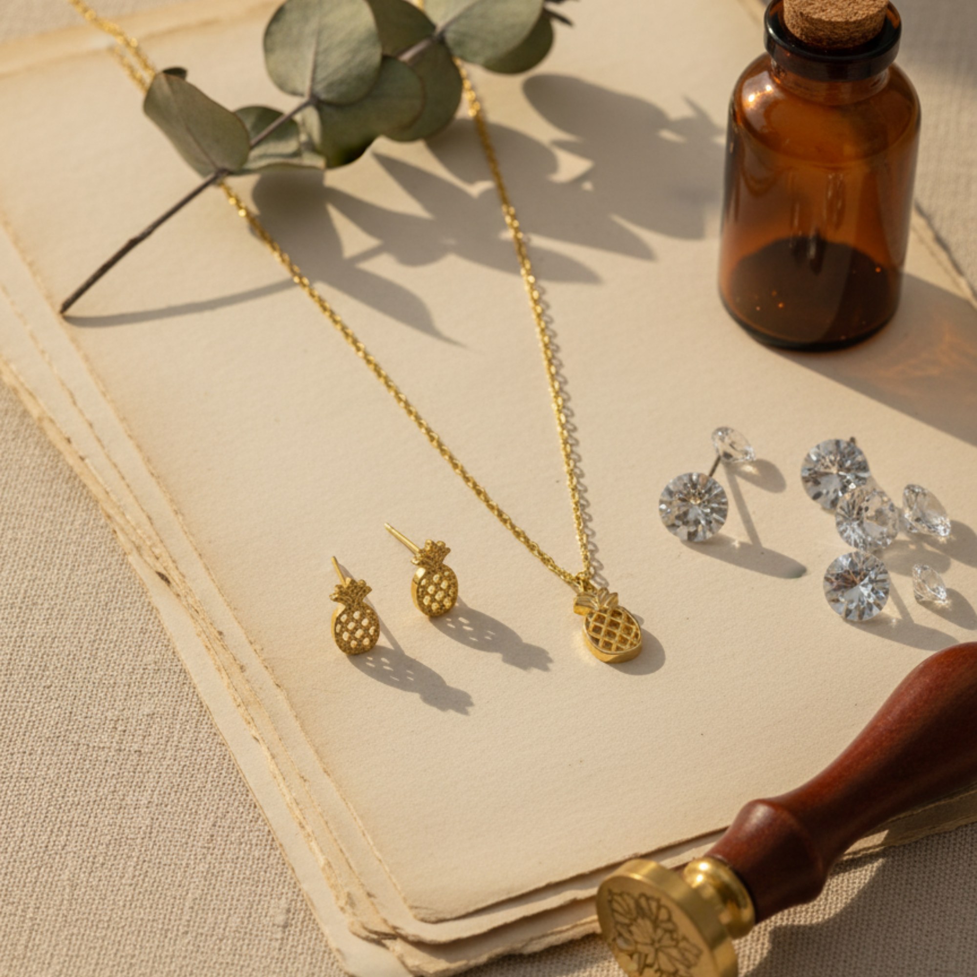 Myrithra Pineapple Pendant with Matching Earrings Set | Gold‑Tone Tropical Jewelry - Myrithra
