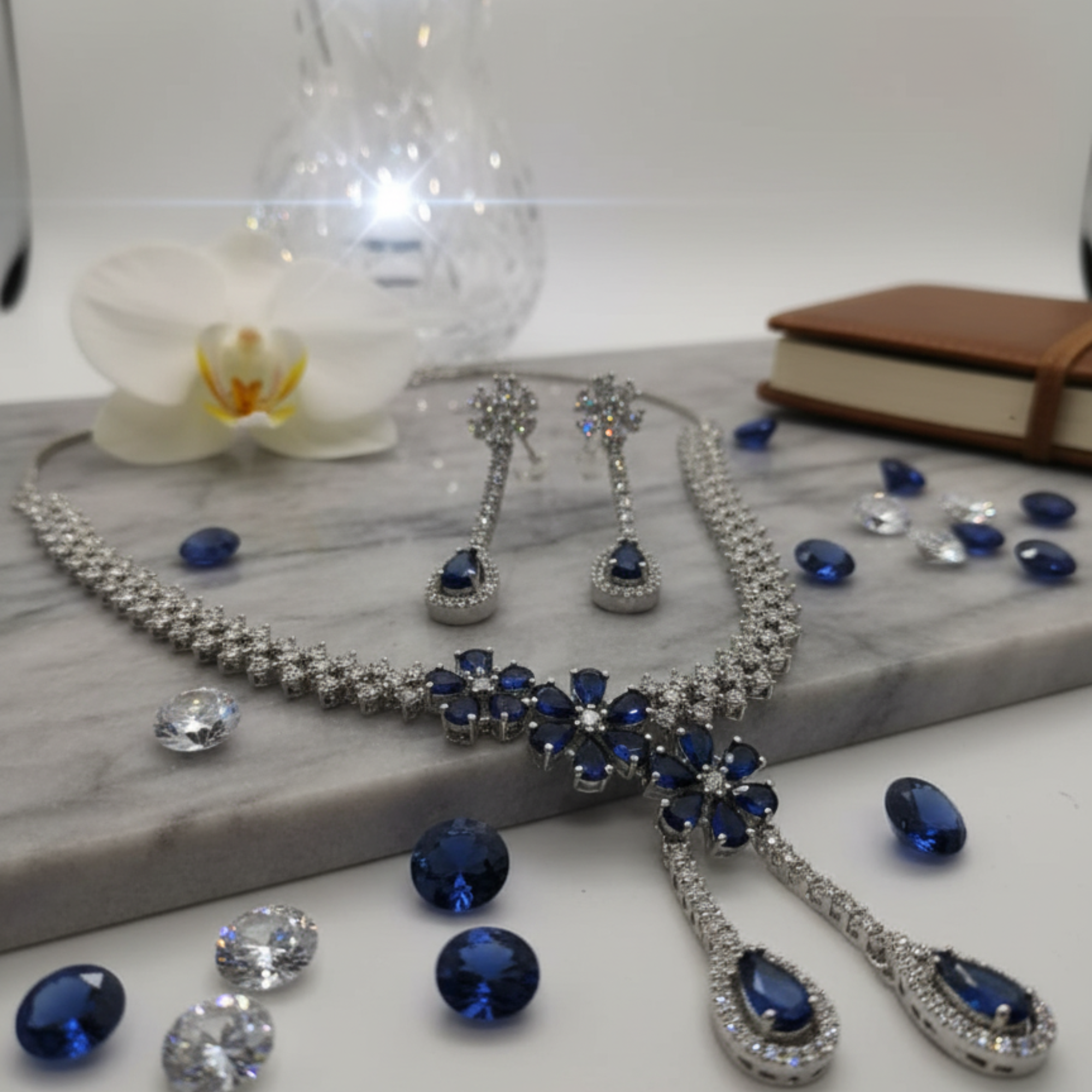 Myrithra Sapphire‑Blue Crystal Necklace with Earrings Set | Rhodium‑Finish Bridal Party Jewelry - Myrithra
