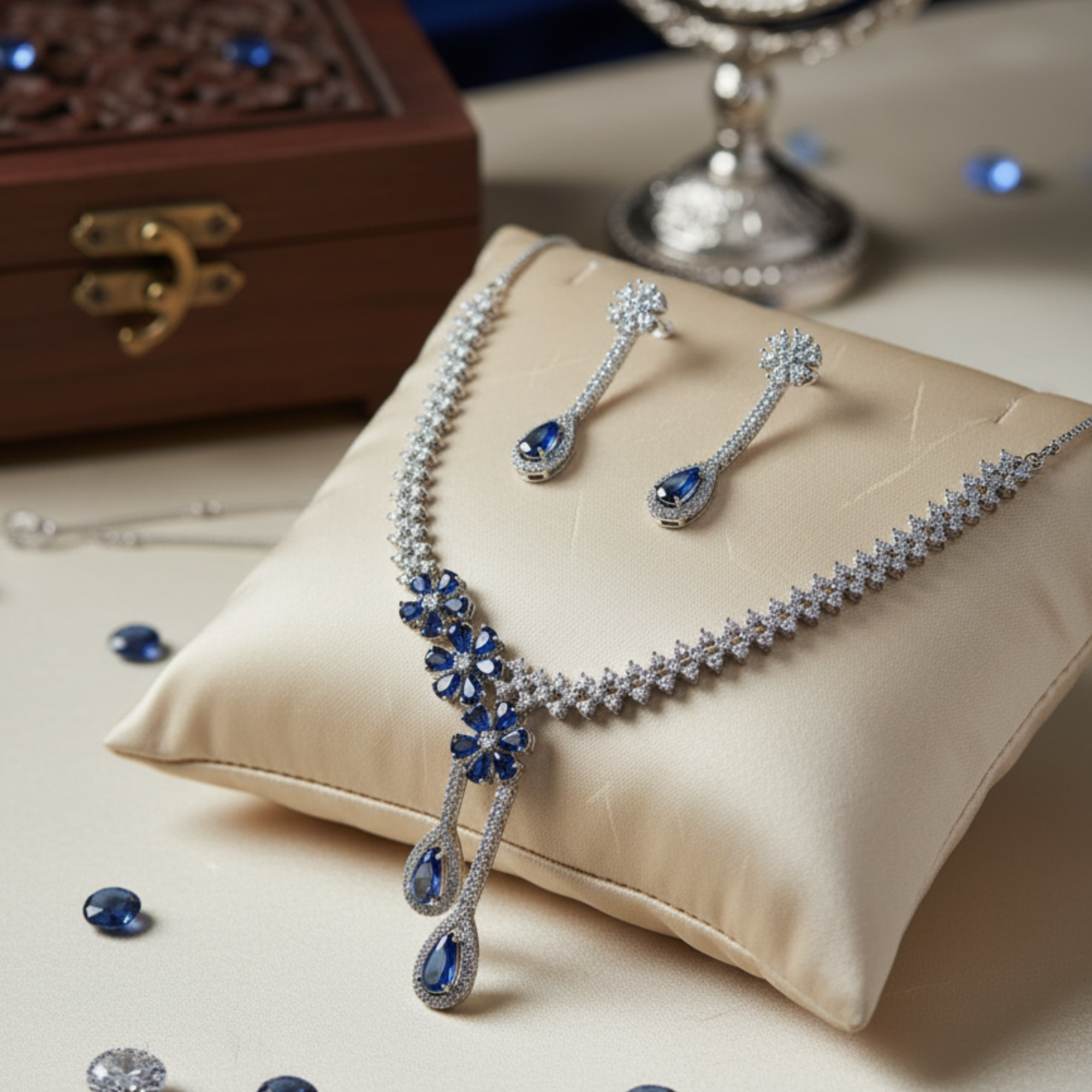 Myrithra Sapphire‑Blue Crystal Necklace with Earrings Set | Rhodium‑Finish Bridal Party Jewelry - Myrithra