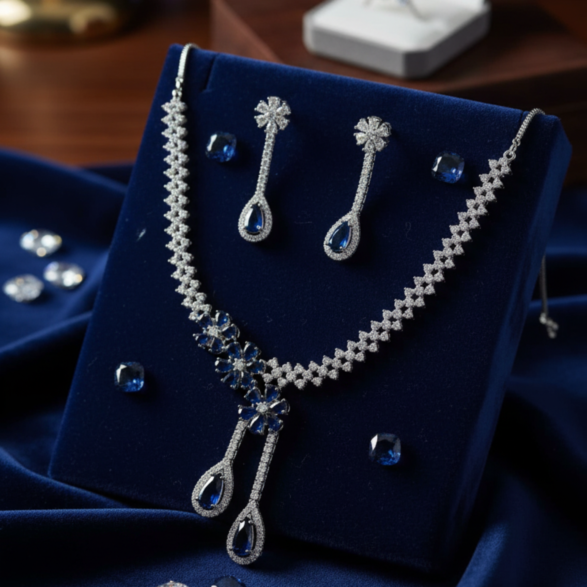 Myrithra Sapphire‑Blue Crystal Necklace with Earrings Set | Rhodium‑Finish Bridal Party Jewelry - Myrithra
