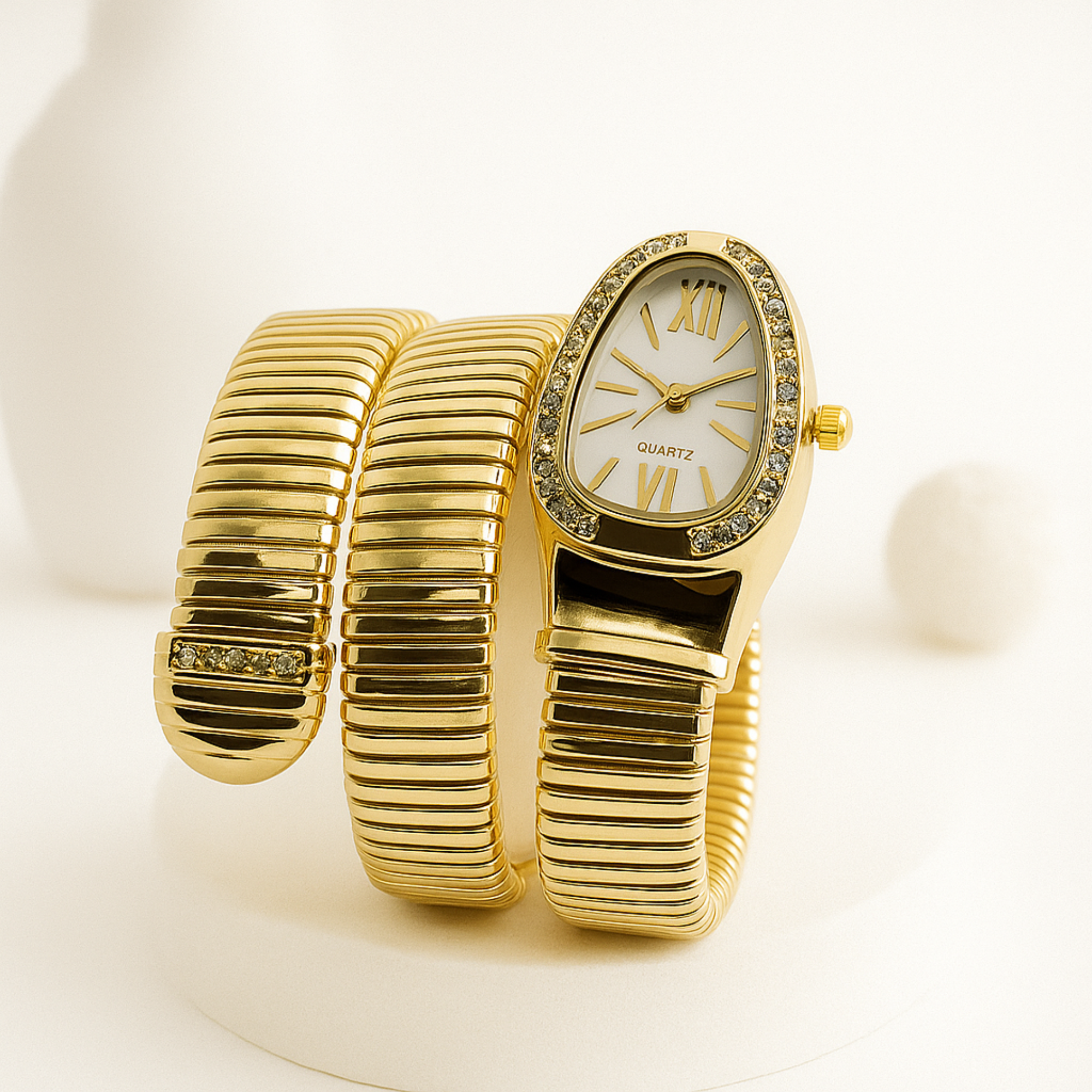 Myrithra Women’s Snake Bracelet Watch | Wrap Coil Gold‑Tone Quartz with Crystal Bezel - Myrithra