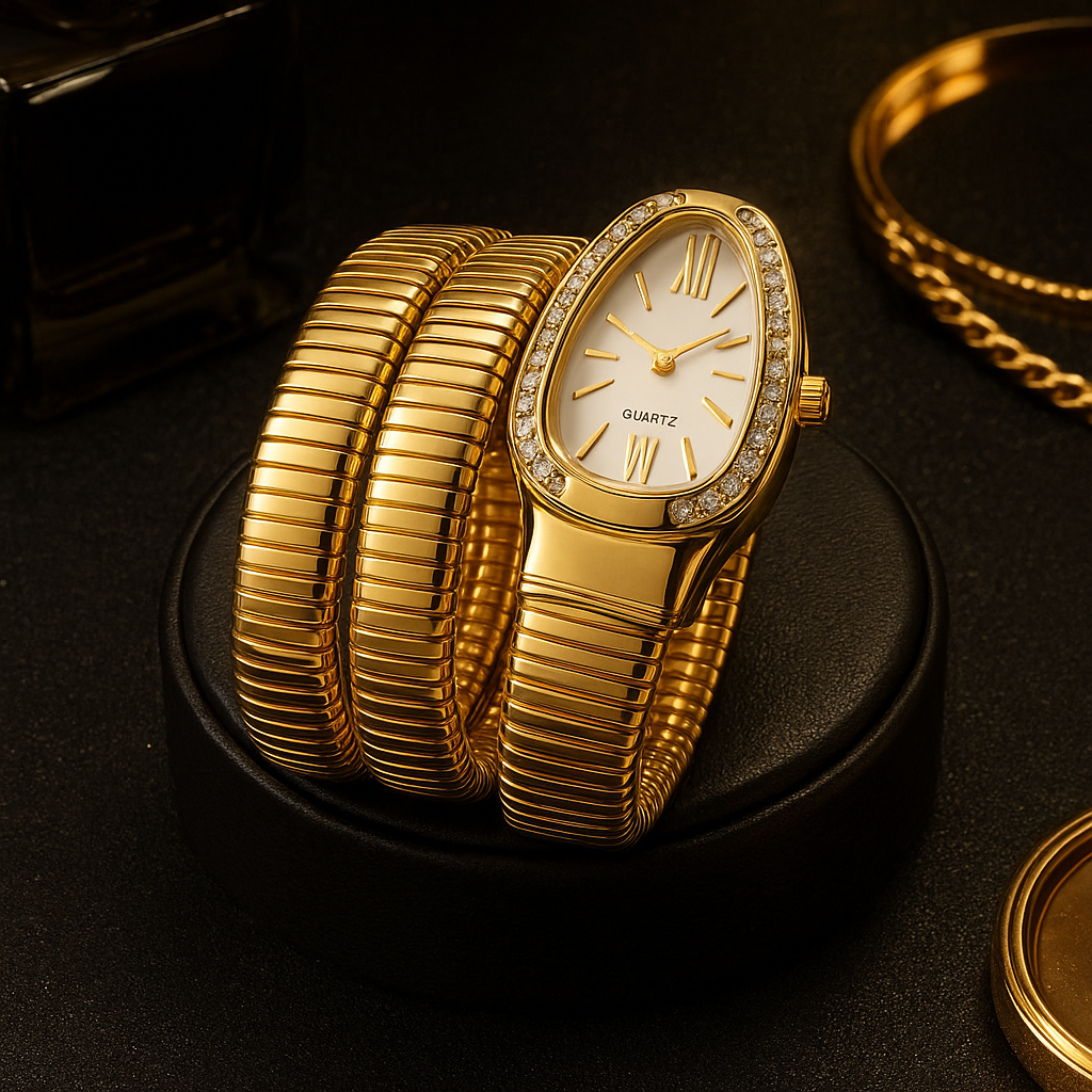 Myrithra Women’s Snake Bracelet Watch | Wrap Coil Gold‑Tone Quartz with Crystal Bezel - Myrithra