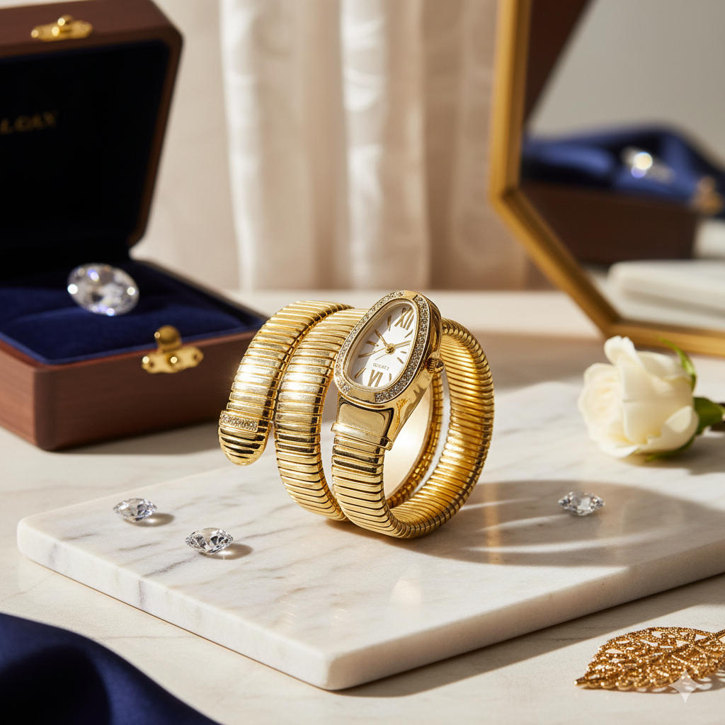Myrithra Women’s Snake Bracelet Watch | Wrap Coil Gold‑Tone Quartz with Crystal Bezel - Myrithra