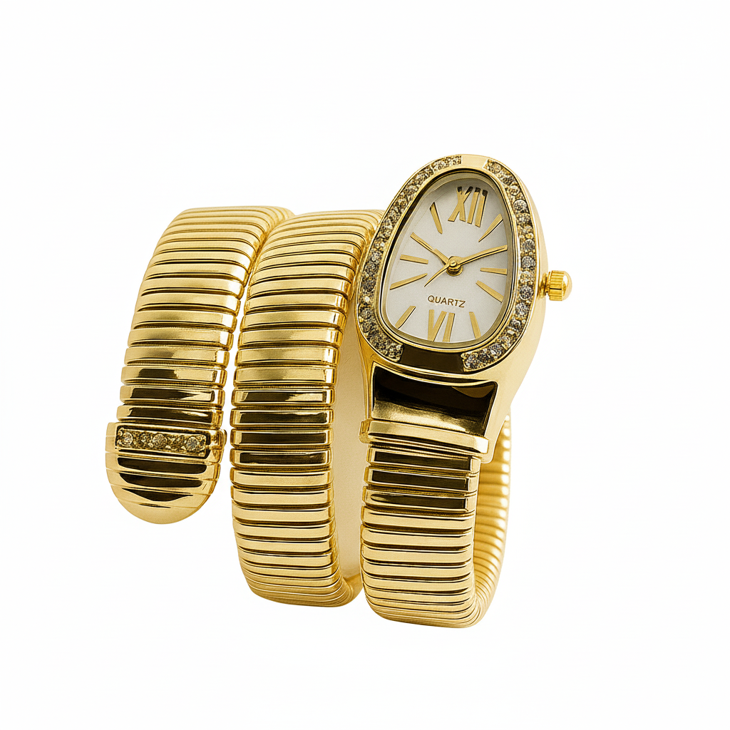 Myrithra Women’s Snake Bracelet Watch | Wrap Coil Gold‑Tone Quartz with Crystal Bezel - Myrithra