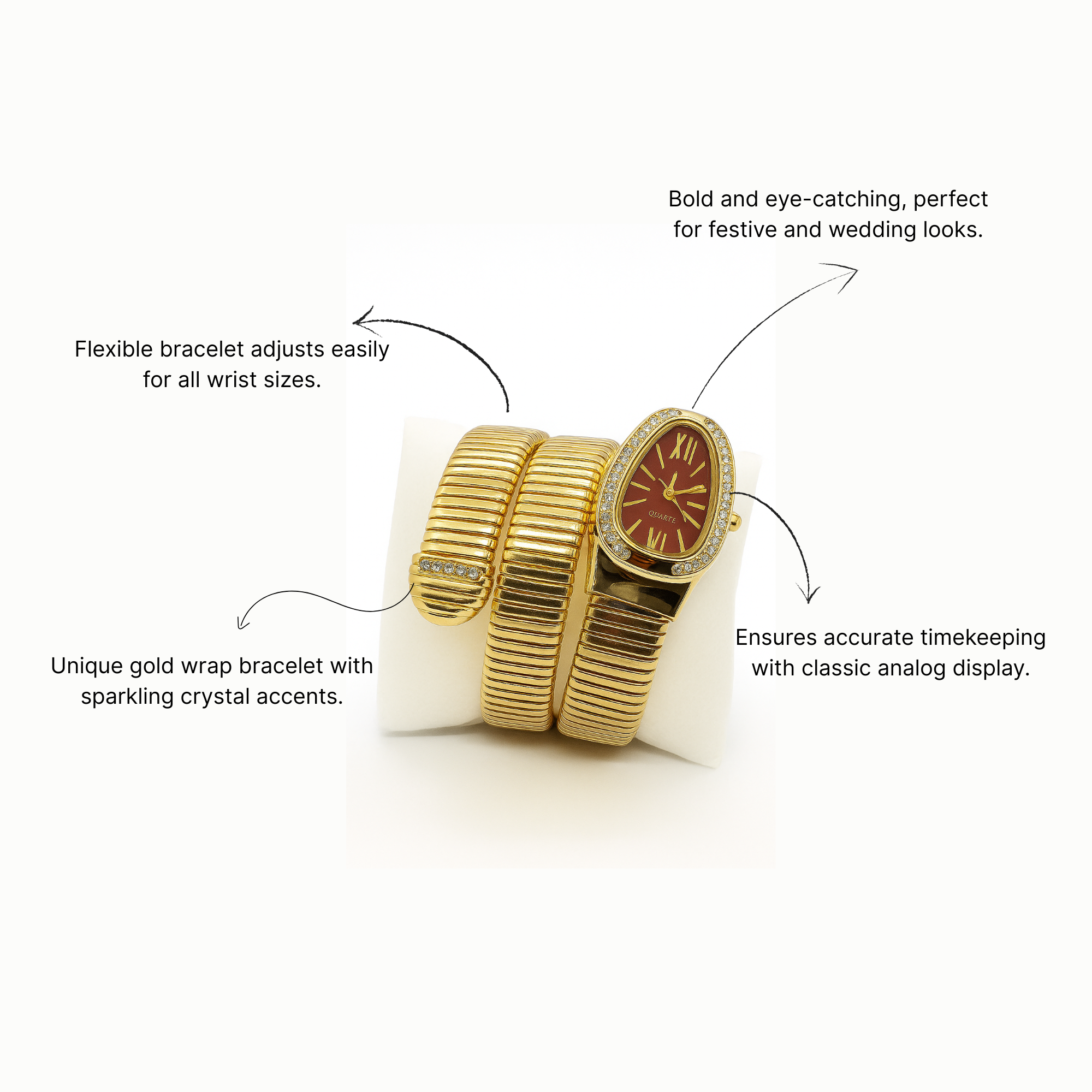 Myrithra Women’s Snake Bracelet Watch | Wrap Coil Gold‑Tone Quartz with Crystal Bezel - Myrithra