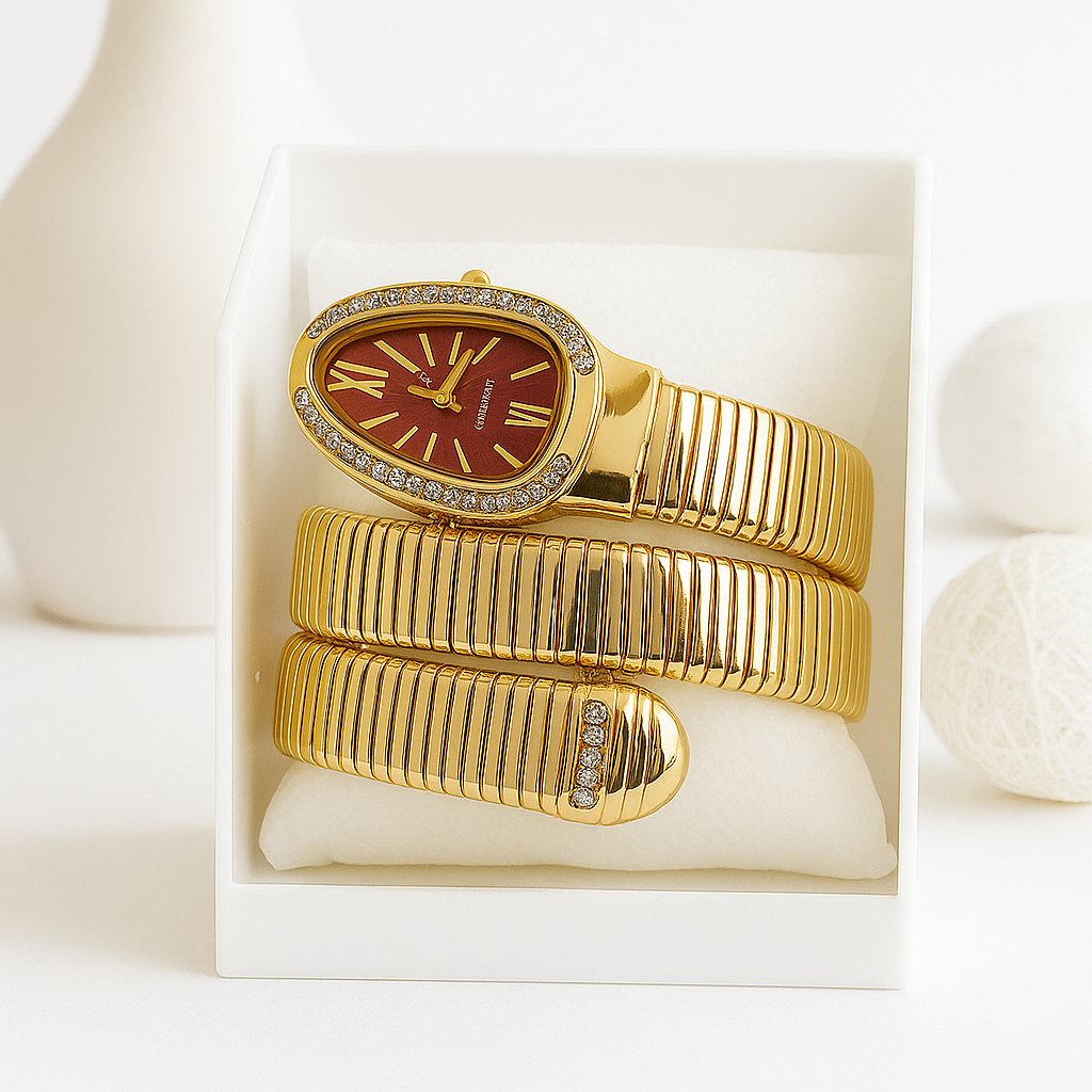 Myrithra Women’s Snake Bracelet Watch | Wrap Coil Gold‑Tone Quartz with Crystal Bezel - Myrithra